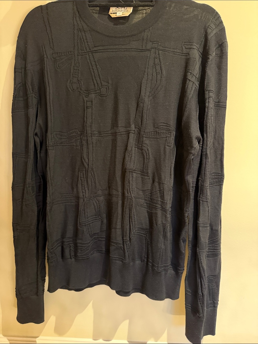 Hermes Men's Dark Navy Textured Crew Neck Sweater
